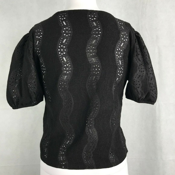 Zara Shirt Womens Sz M Black Knit Lace Stripe‎ Balloon Half Sleeve Top - Picture 5 of 10